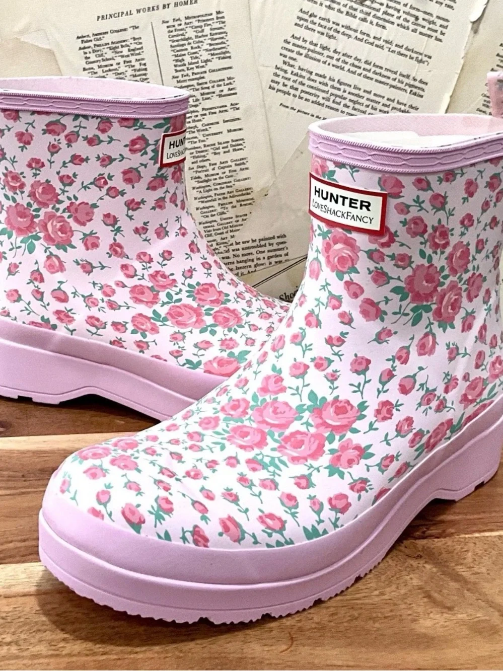 Free People Hunter LoveShackFancy Play Short Rain Boot Light Pink Roses